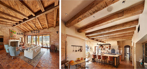 Reclaimed barn wood ceiling decking and hand hewn box ceiling beams